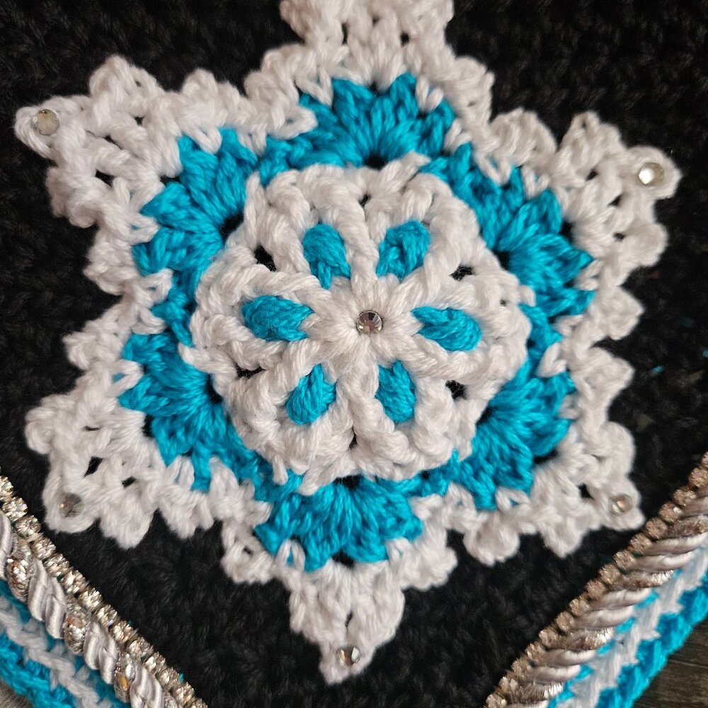 Sparkling Snowflake Horse Bonnet: Black, Turquoise, and Silver Braid